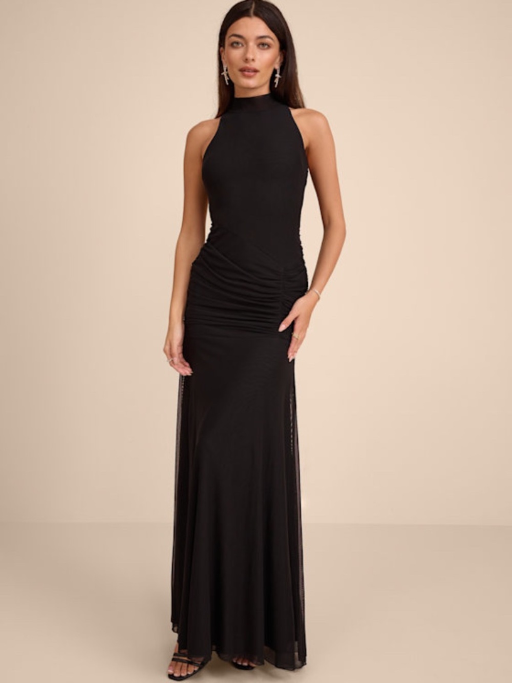 Lulus Alma Black Mesh Mock Neck Ruched Maxi Dress - Size XS